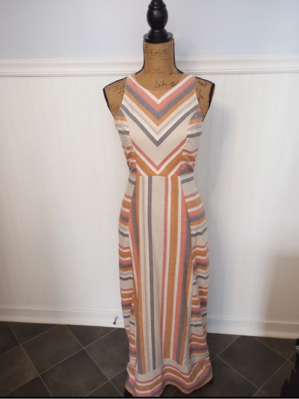 Japna Striped Maxi Dress in Cream, Orange and Gray 100% Cotton size M